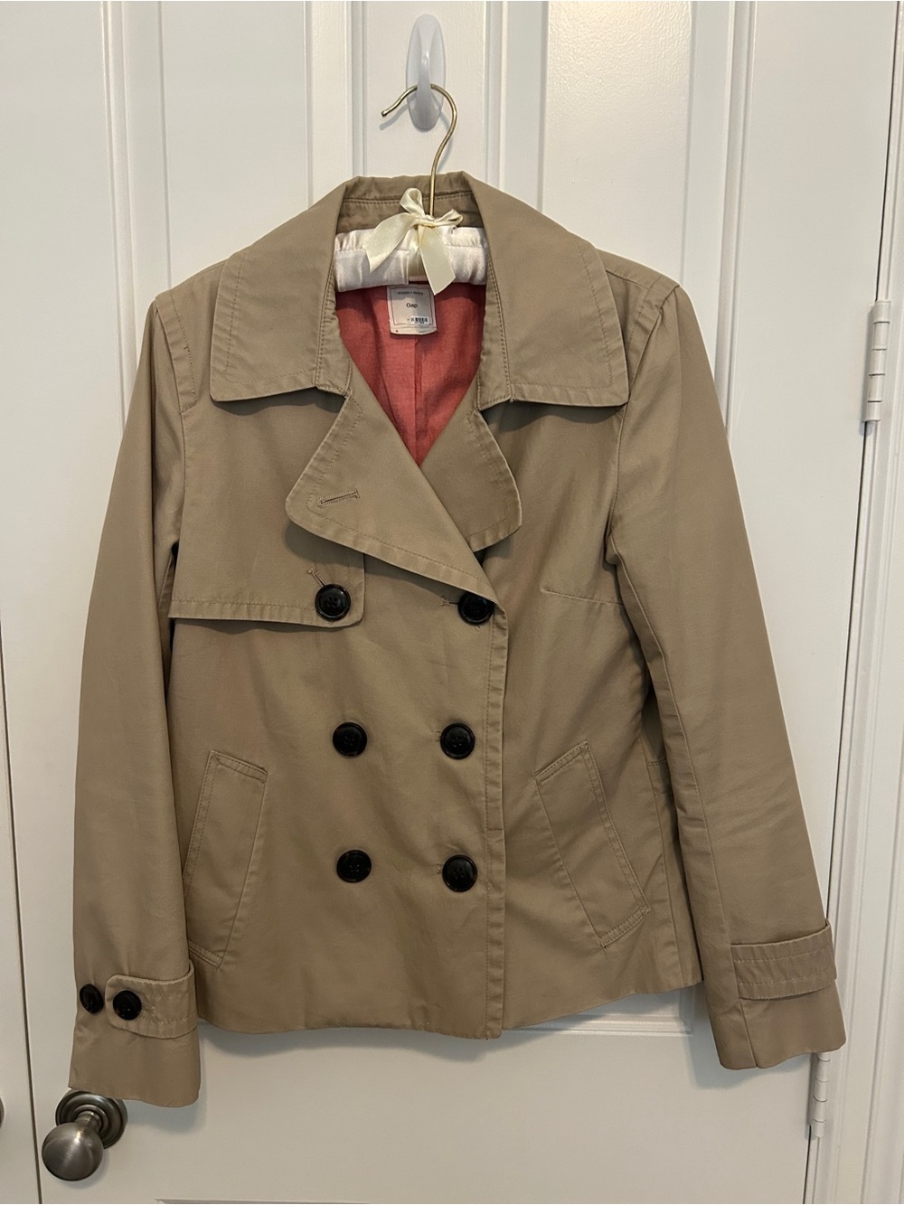 GAP Khaki Double-Breasted Trench Jacket with Coral Lining